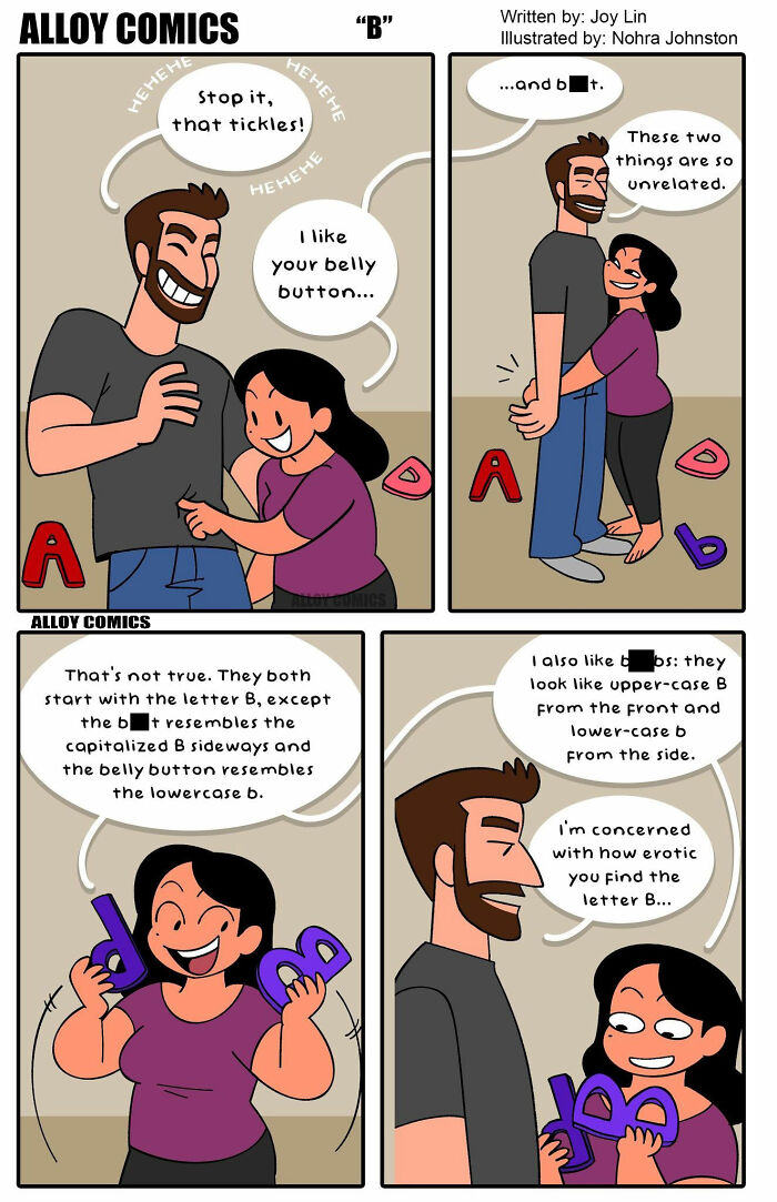 Humorous comic about love and marriage showing a couple playfully discussing belly buttons and the letter B.