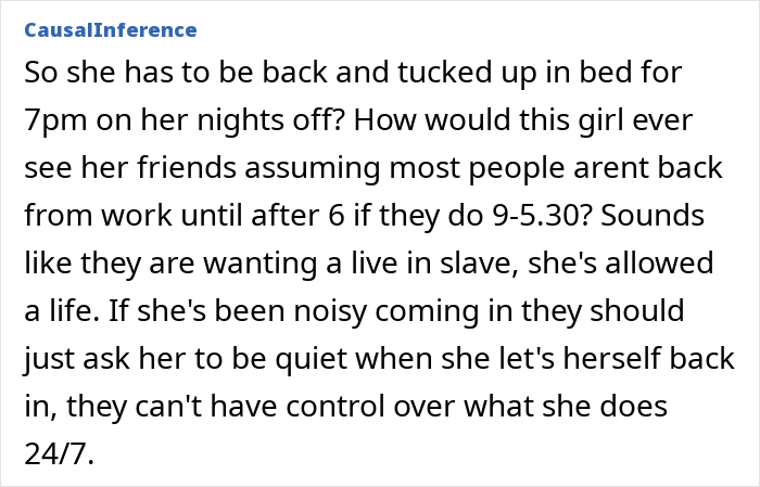 Comment discussing a live-in nanny placed under a curfew on her nights off and online reactions criticizing the mom.
