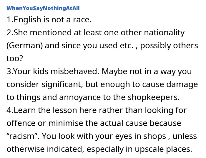 Text excerpt discussing British woman losing patience while French shop owner lectures on parenting during holiday visit. Text excerpt discussing British woman losing patience while French shop owner lectures on parenting during holiday visit.