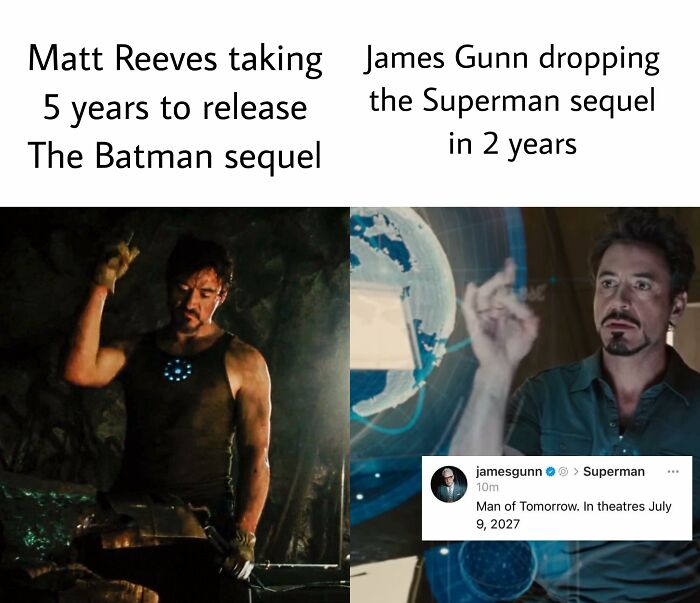 Iron Man meme comparing Matt Reeves' slow Batman sequel and James Gunn's faster Superman sequel release times.