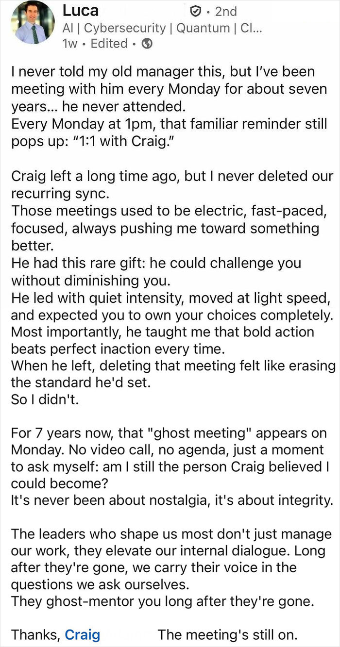 Screenshot of a LinkedIn post about hustle culture reflecting on a recurring ghost meeting with a former manager.