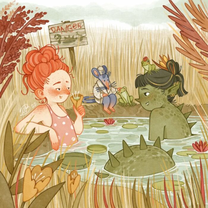 Gentle and charming illustration of a girl and creature relaxing in a pond with frogs and a mouse by an artist.