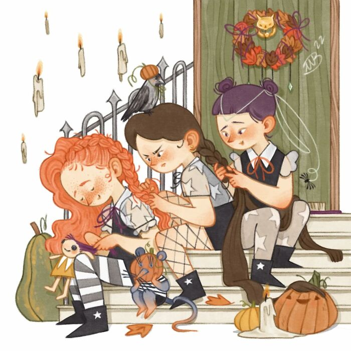 Charming illustration of three girls braiding hair on steps, surrounded by pumpkins and candles, gentle Italian art style.