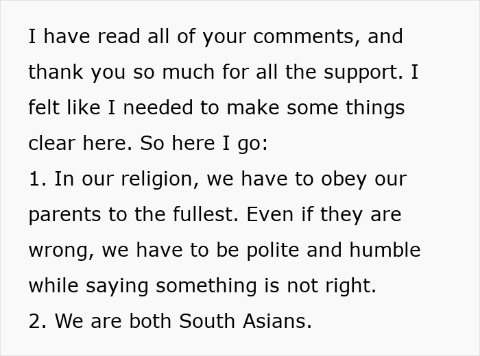 Text excerpt explaining cultural expectations of obeying parents and South Asian background in a relationship conflict context.