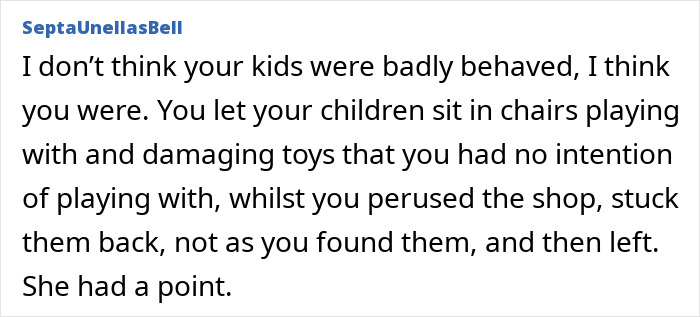 Comment excerpt discussing parenting and behavior during a holiday encounter between a British woman and a French shop owner. Comment excerpt discussing parenting and behavior during a holiday encounter between a British woman and a French shop owner.