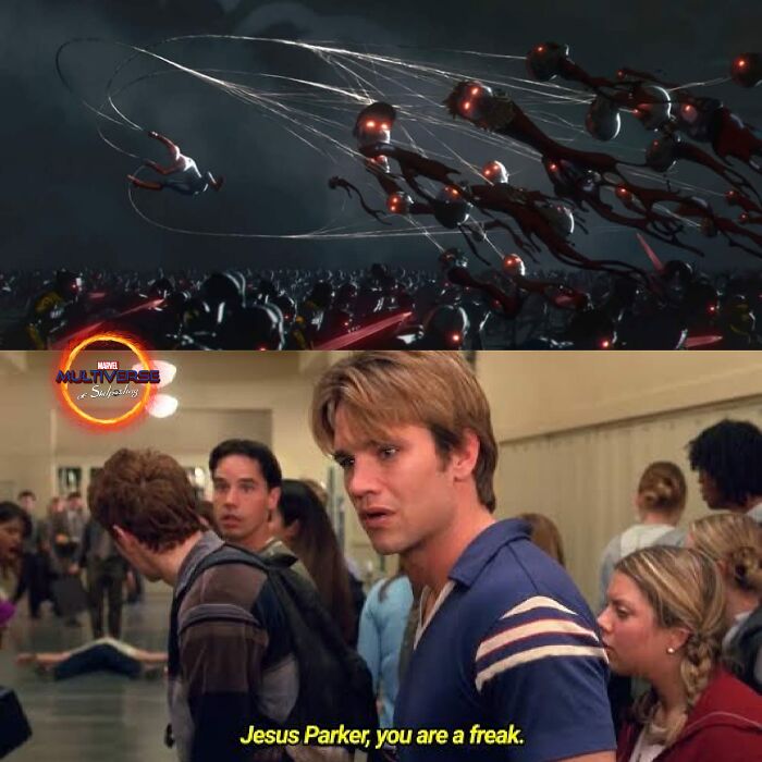 Scene from Marvel meme showing Spider-Man strands attacking with caption Jesus Parker you are a freak, highlighting Marvel memes humor.