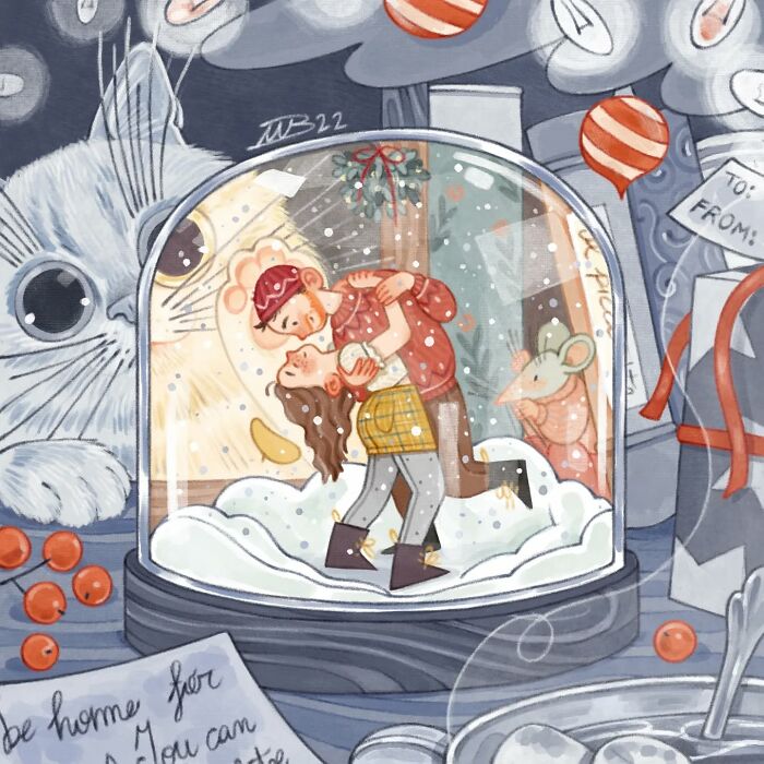Italian artist's gentle and charming illustration of a couple hugging inside a festive snow globe with whimsical background elements.