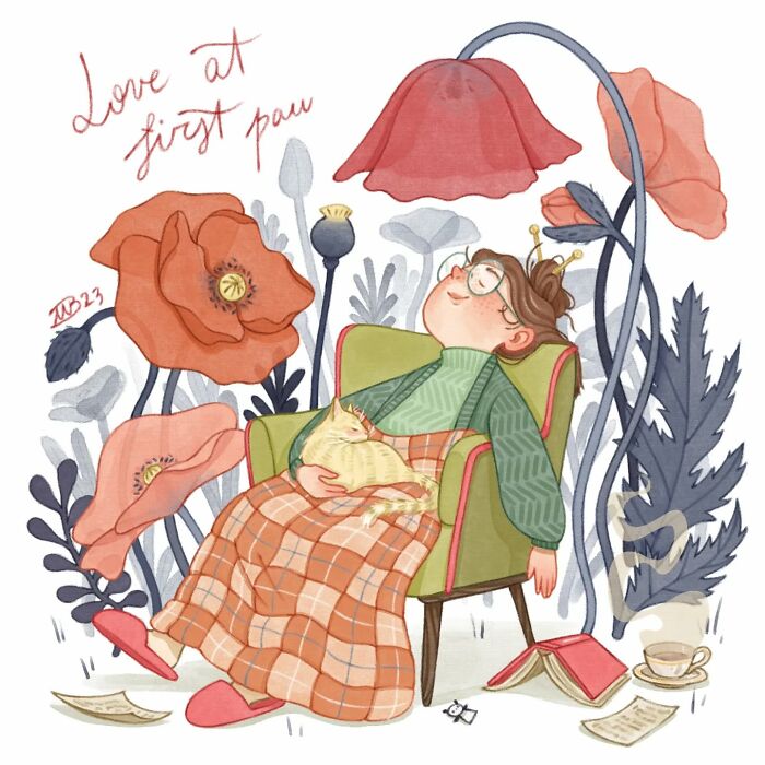 Gentle and charming illustration of a person relaxing with a cat surrounded by large flowers, evoking warmth and comfort.