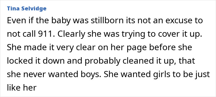 Comment discussing a cover-up attempt involving autopsy findings and gender of newborn found in cheerleader's closet.