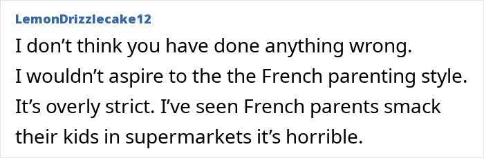 Comment discussing British woman losing patience after French shop owner lectures on parenting and strict French parenting styles. Comment discussing British woman losing patience after French shop owner lectures on parenting and strict French parenting styles.