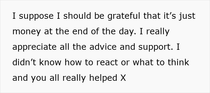 Text message expressing gratitude for advice and support after learning about husband's huge debt kept secret.