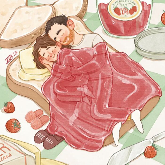 Gentle and charming illustrations of a couple cuddling under a blanket on a slice of bread with breakfast items around.