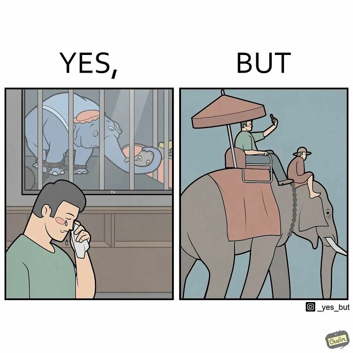 Comic panel showing a man crying watching a locked elephant on TV versus riding a free elephant, illustrating yes but comics.