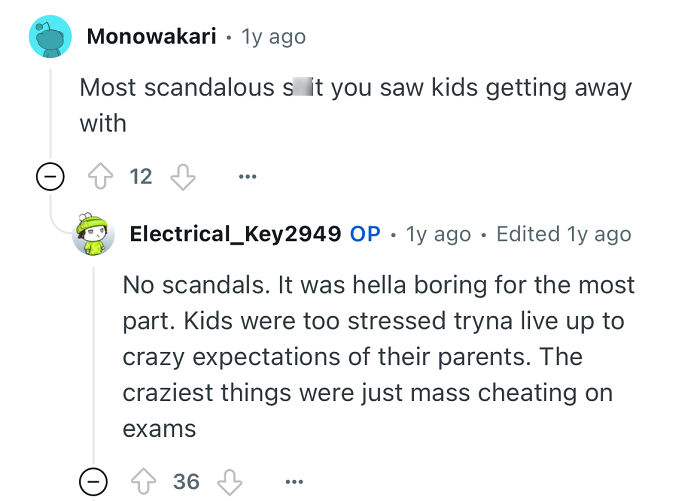 Reddit conversation showing a person studied in a prestigious private school answering questions about cheating and stress.