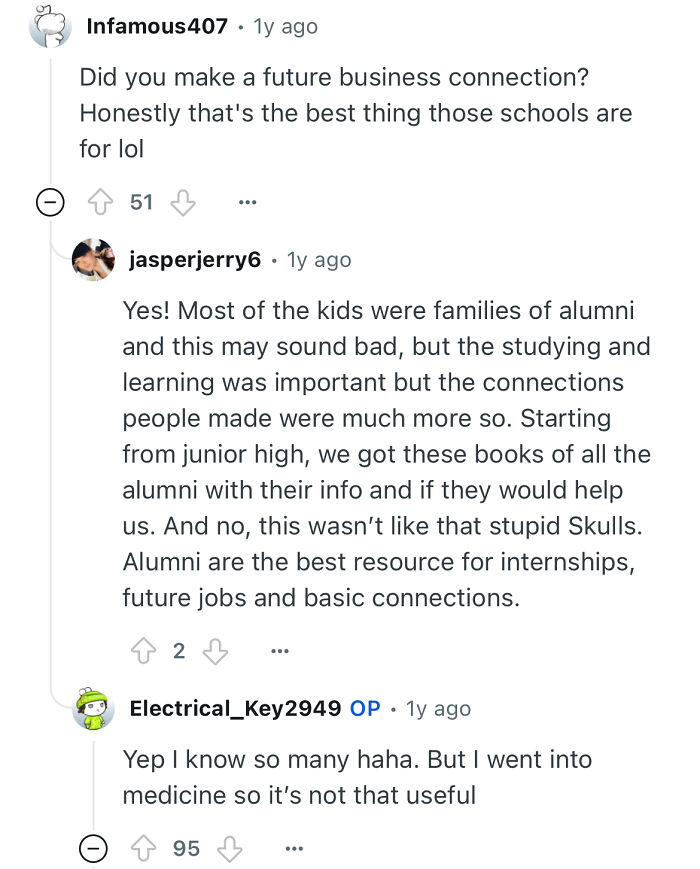 Comments discussing connections and alumni benefits from studying in a prestigious private school, focusing on networking and internships.