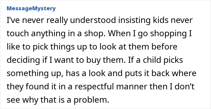 Text post discussing different views on parenting and children touching items in a shop during holiday in France. Text post discussing different views on parenting and children touching items in a shop during holiday in France.