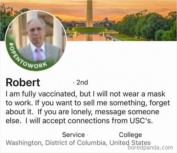 LinkedIn profile screenshot showing a professional rejecting mask use and sales pitches, highlighting hustle culture obsession.