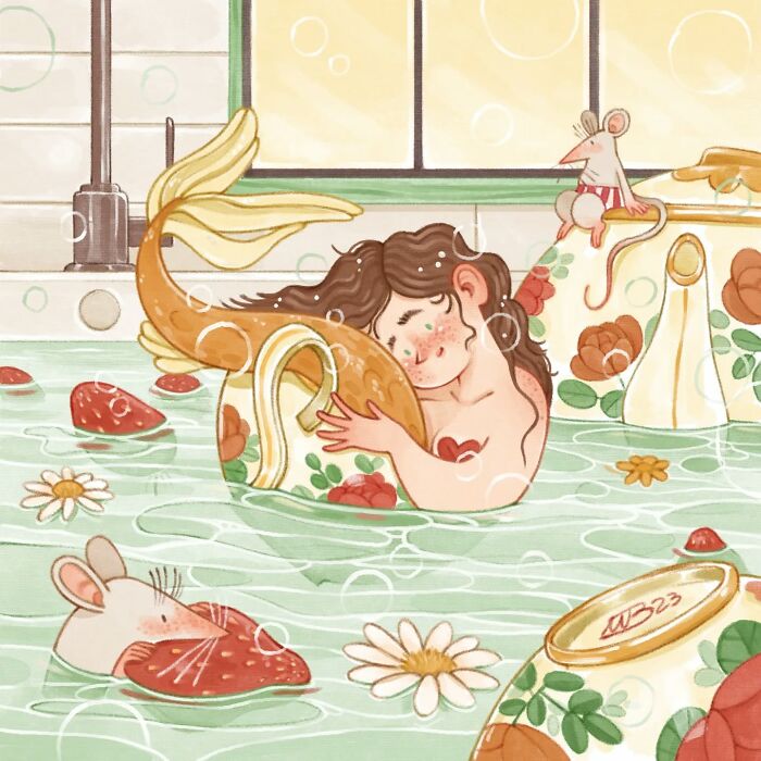 Gentle and charming illustration of a mermaid hugging a teapot in water, featuring soft colors and cute mice by Italian artist.