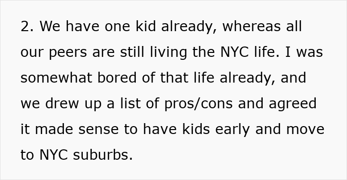 Text excerpt discussing decision to have kids early and move to NYC suburbs, highlighting a robotically calculated choice mindset.