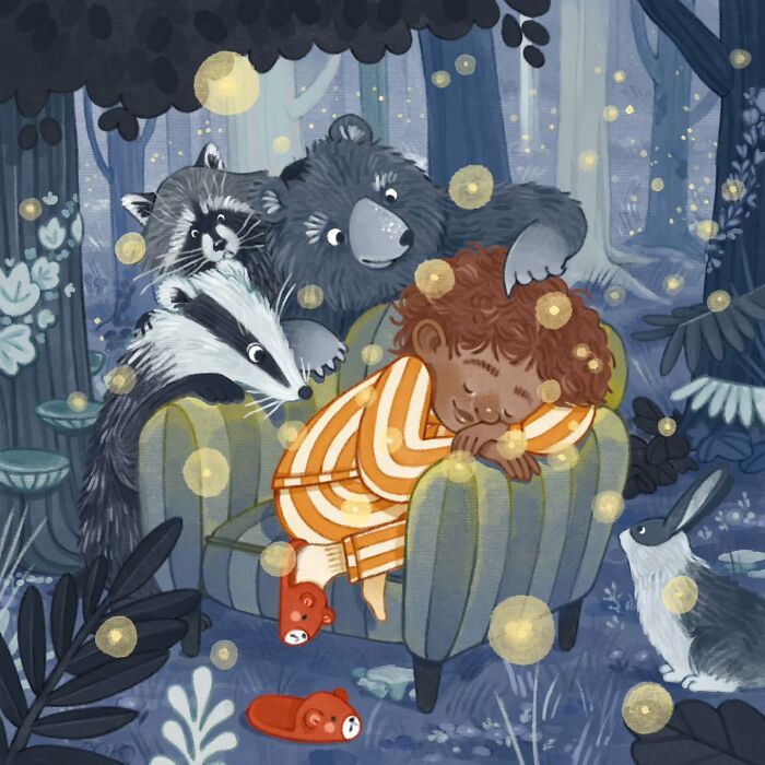 Child sleeping peacefully in a cozy armchair surrounded by gentle and charming animal illustrations in a magical forest.