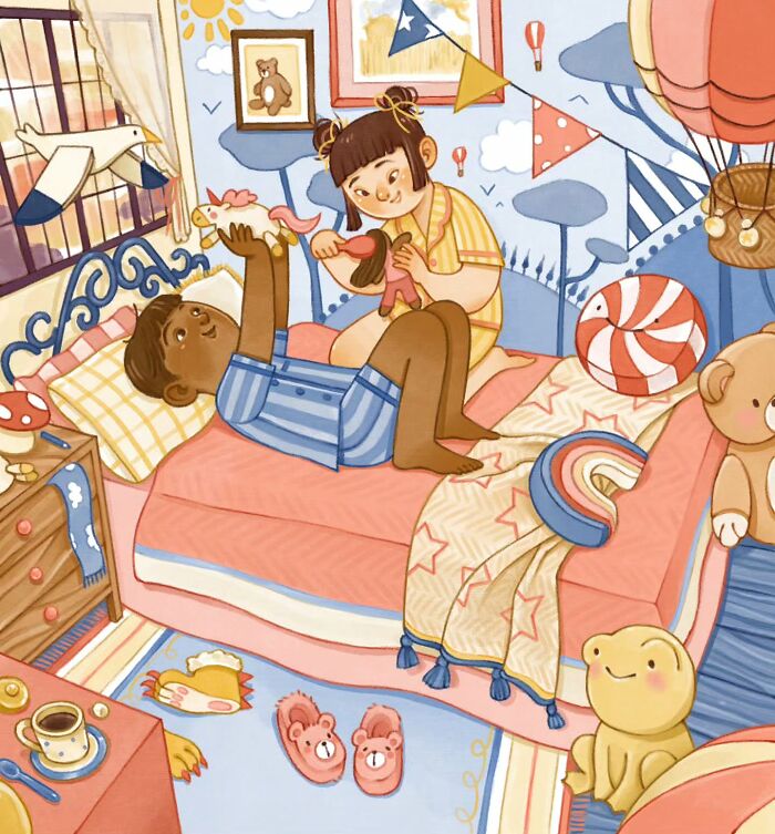 Illustration of two children playing with toys in a cozy, colorful room full of charming and gentle details.