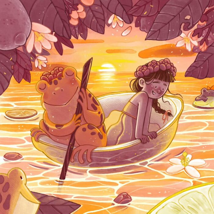 Gentle and charming illustration of a girl and frog in a boat on warm, glowing water at sunset.