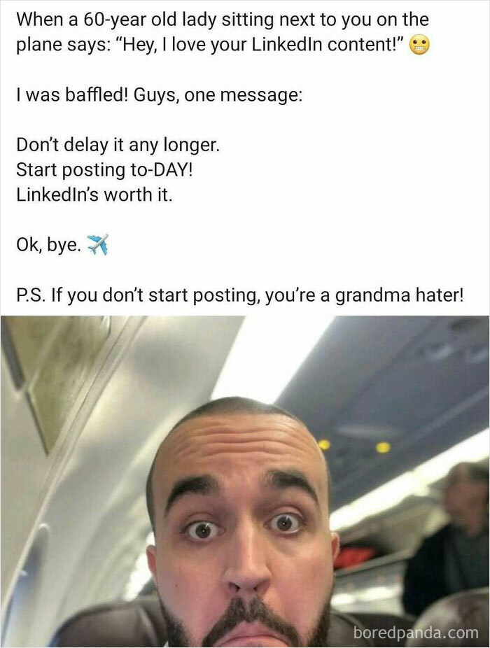 Man on a plane surprised by a conversation about LinkedIn content, reflecting hustle culture and social media pressure.