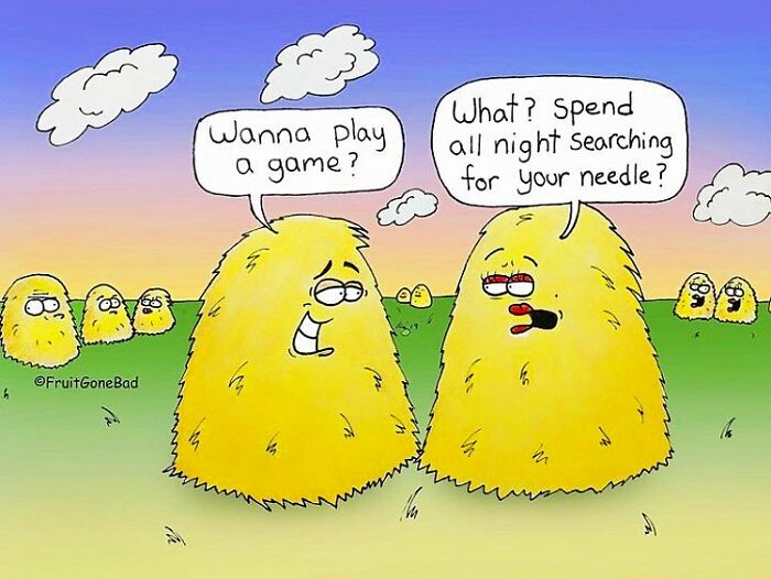 Two fuzzy yellow creatures in a comic from Fruit Gone Bad, one invites to play a game, the other looks tired and skeptical.