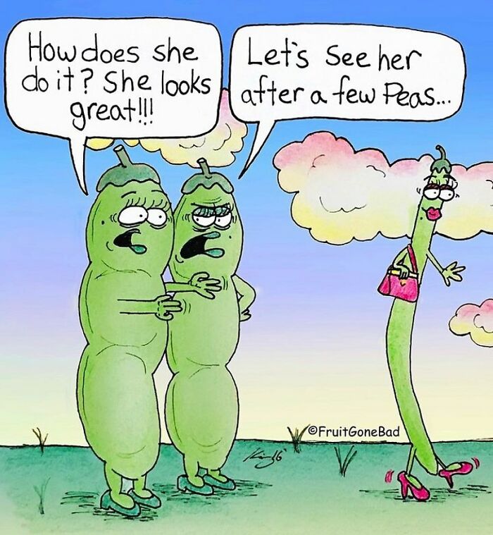 Two peas in a pod discuss how another pea looks great after a few peas in this fruit gone bad comic illustration.