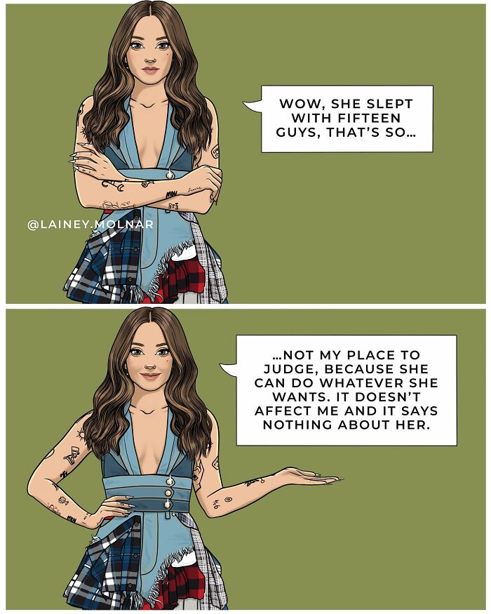 Illustration by Lainey Molnar showing a confident woman challenging societal expectations about her personal choices.