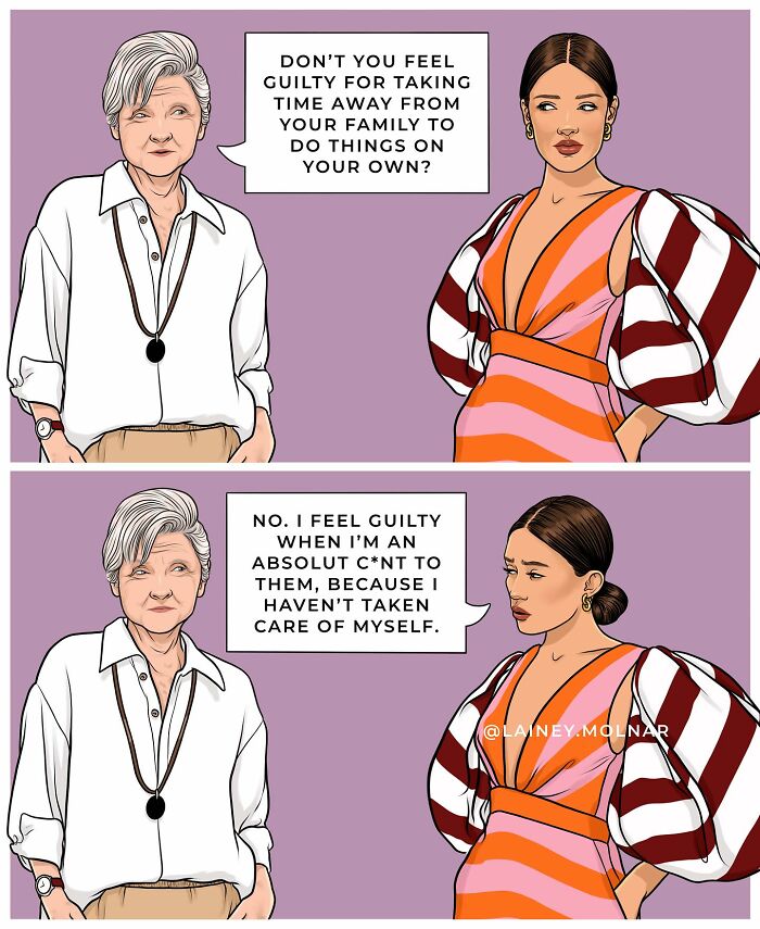 Illustration by Lainey Molnar showing two women discussing guilt and self-care, challenging societal expectations of women.