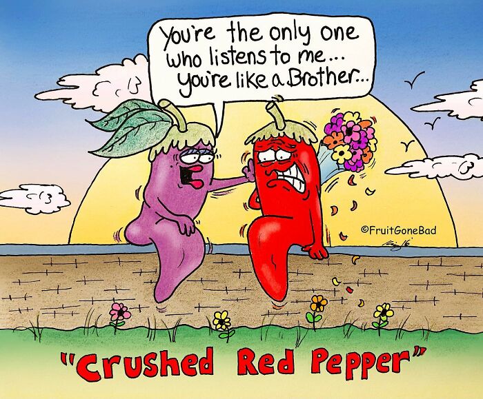 Cartoon from Fruit Gone Bad comics showing an eggplant comforting a sad crushed red pepper at sunset on a garden wall.