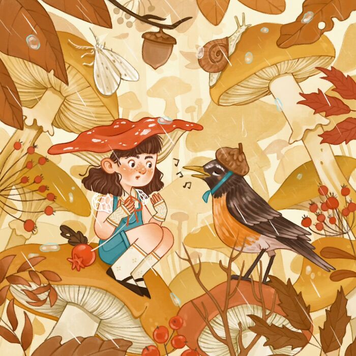 Gentle and charming illustration of a girl knitting with a mushroom hat, surrounded by autumn leaves and a singing bird.