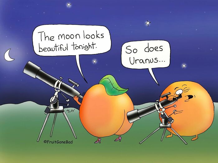 Two fruit characters using telescopes at night in a funny fruit gone bad comic with playful space dialogue.