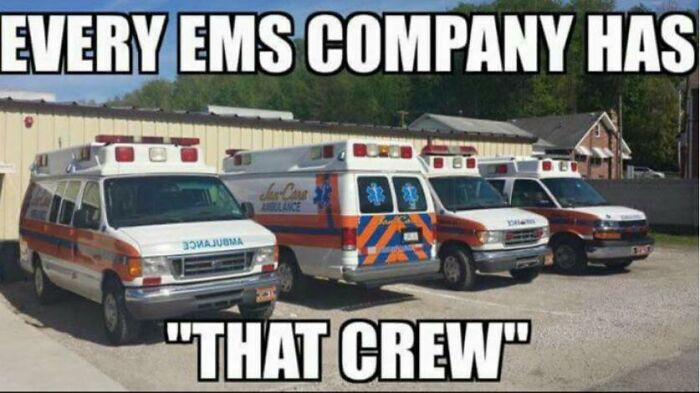 Row of ambulances parked outside a station, illustrating a common EMS company crew, highlighting EMT and paramedic humor.