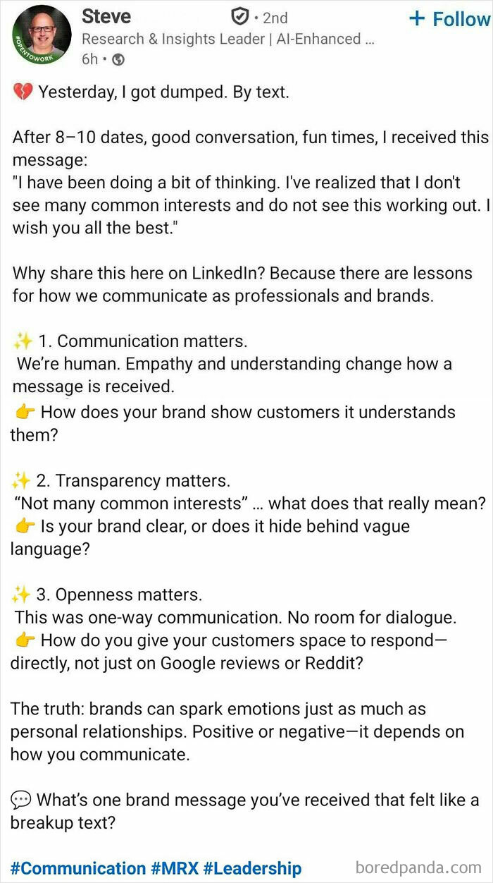 LinkedIn post discussing communication and transparency lessons for brands, reflecting hustle culture impact on real life.