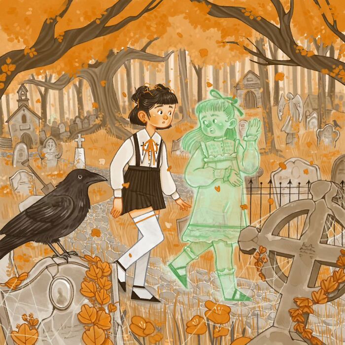 Gentle and charming illustration of a girl and a friendly ghost in an autumnal graveyard with warm orange tones.
