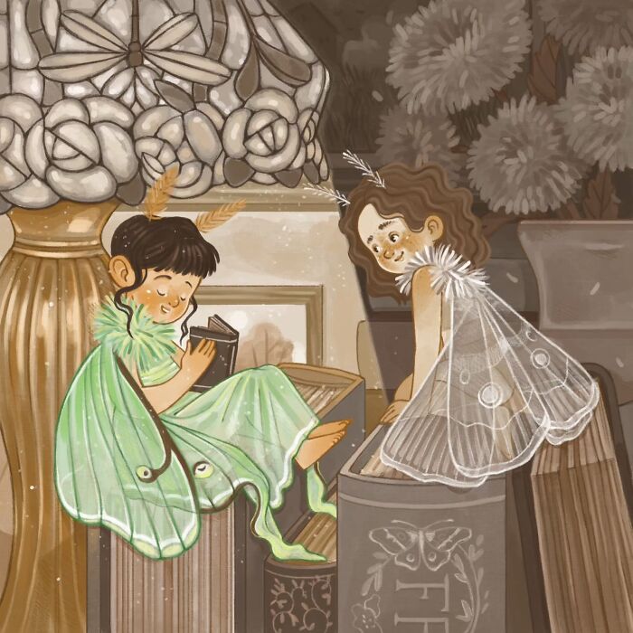 Charming illustrations by Italian artist featuring gentle fairy-like children reading among oversized books and flowers.