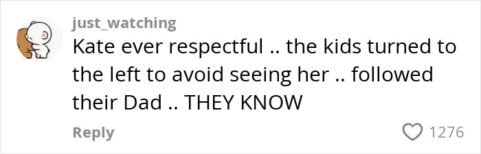 Text comment about Kate being respectful while the kids avoid her, linked to Princess Charlotte&rsquo;s curtsy mistake topic.
