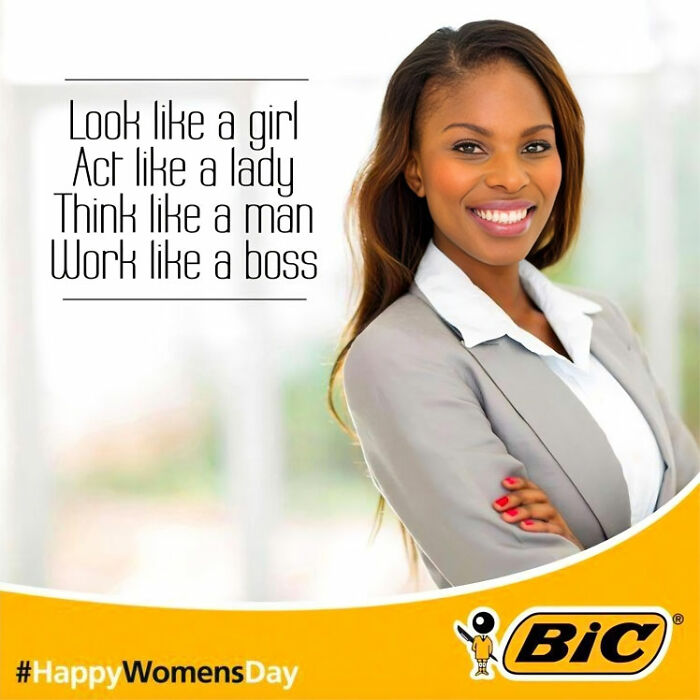 Smiling businesswoman with quote and BIC logo in a yellow frame, related to companies that failed miserably on social media.