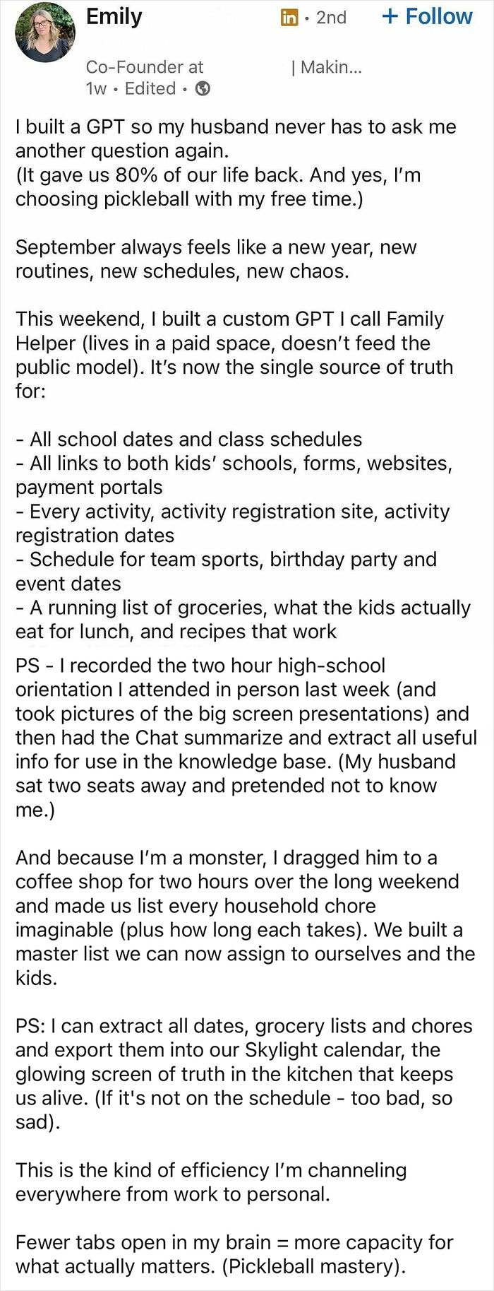 LinkedIn post about custom GPT to manage busy family schedules in hustle culture efficiency and productivity.