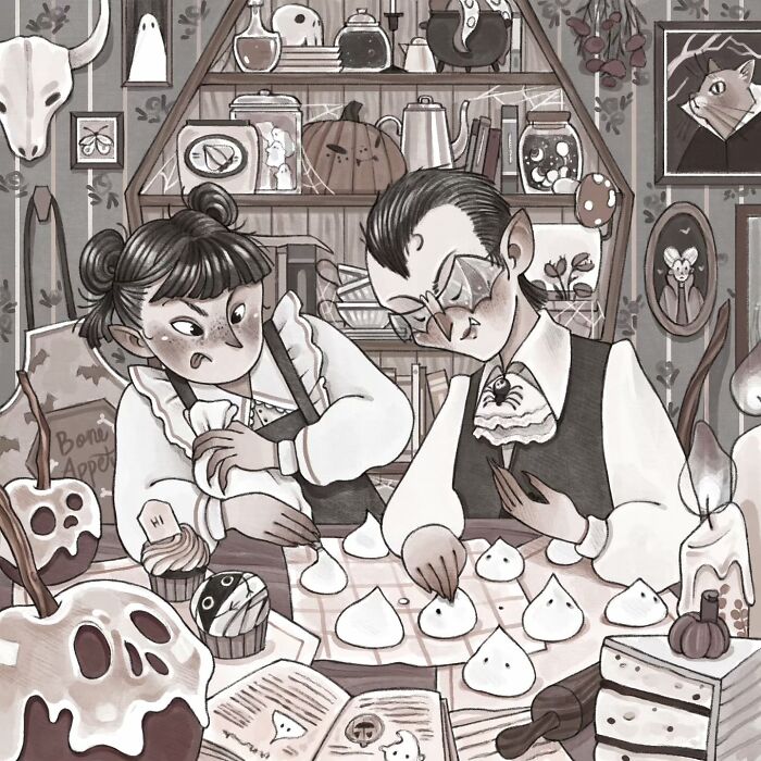 Gentle and charming illustration of two characters baking meringues in a cozy, Halloween-themed kitchen setting.