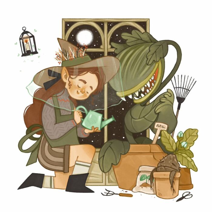 Italian artist's gentle and charming illustration of a girl watering a friendly plant creature under a moonlit window.