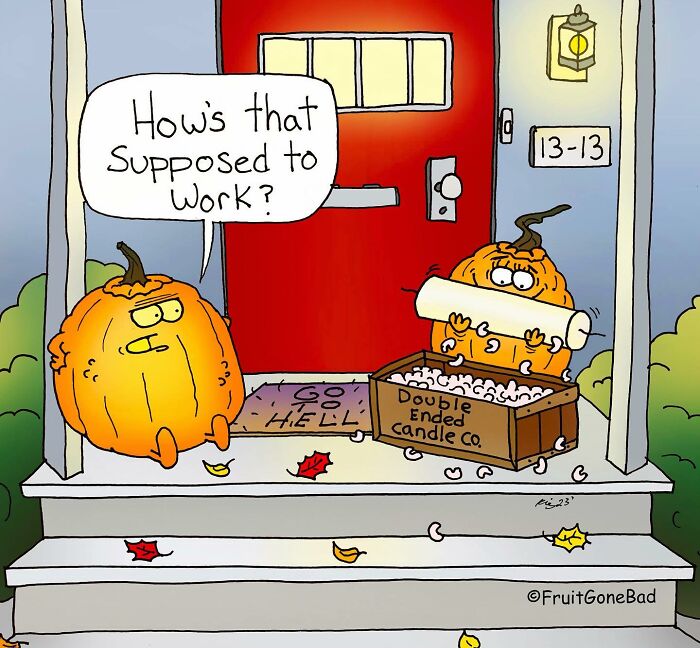 Two pumpkins on a porch with a box of double ended candles in a comic from Fruit Gone Bad series.