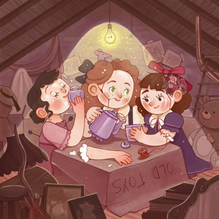 Three girls in charming illustrations by Italian artist sharing a warm moment in an attic filled with toys and drawings.