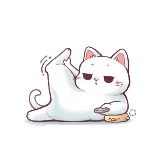 Cute cat illustration of a white cat lying down with a remote, showing an adorable and relaxed expression.