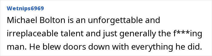 Text screenshot showing a comment praising Michael Bolton's talent and impact in the music industry.