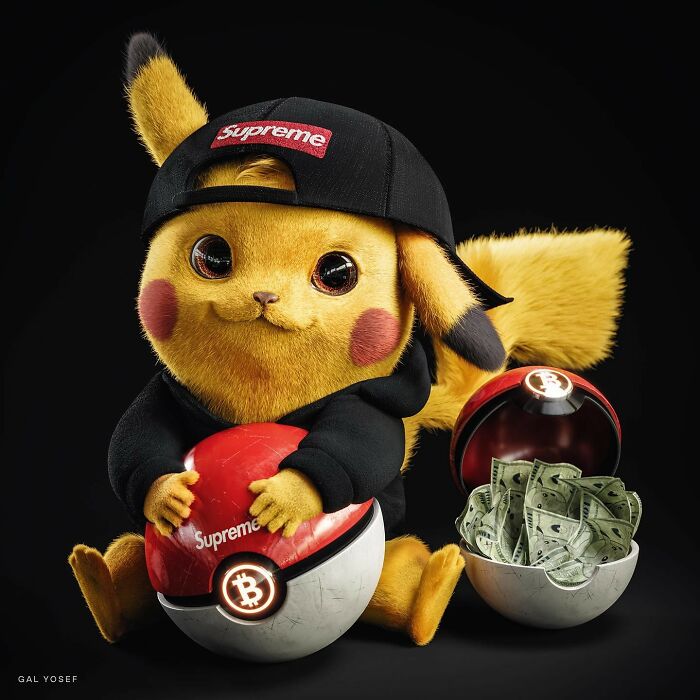 Luxury upgrade of a childhood favorite Pikachu wearing Supreme gear holding a Bitcoin-themed Pokeball with money inside.
