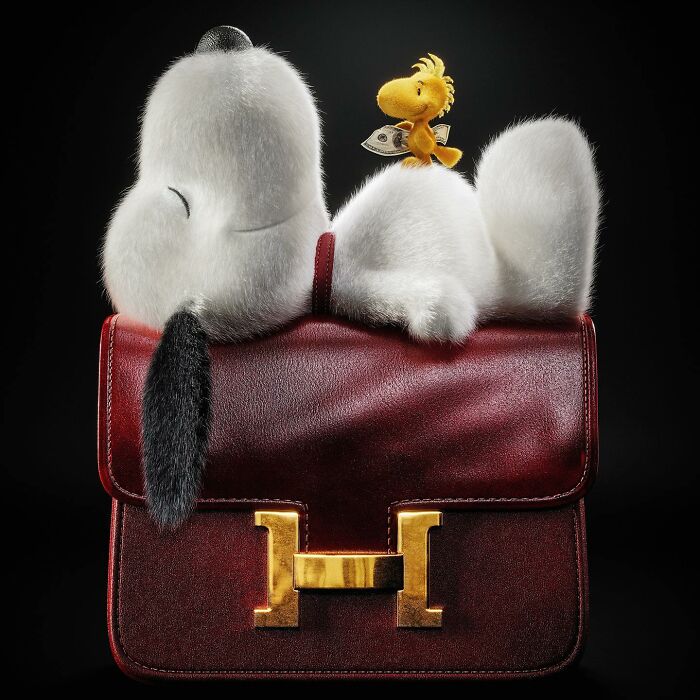 Plush Snoopy and Woodstock resting on a luxury leather handbag, showcasing childhood favorites with a luxury upgrade.