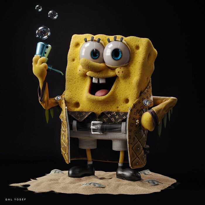 SpongeBob modeled with a luxury upgrade wearing designer clothes and holding a pipe, blending childhood favorites with high-end style.